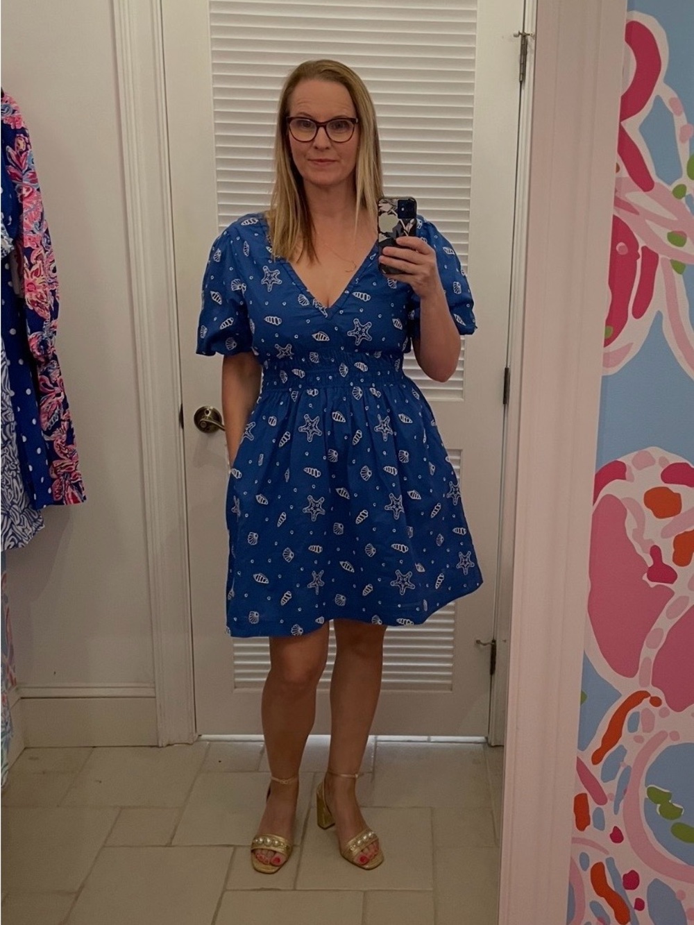 Lilly Pulitzer Kilynn Royal Blue Seashell Puff-Sleeve Cotton Mini Dress - Picture 6 of 8